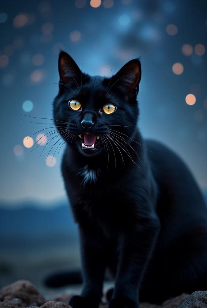 Close-up of a frightened black cat, Starry sky in the background (The stars and galaxies shine beautifully), Space Cat, Large target "!?" on the screen is written in Large target letters on the screen,