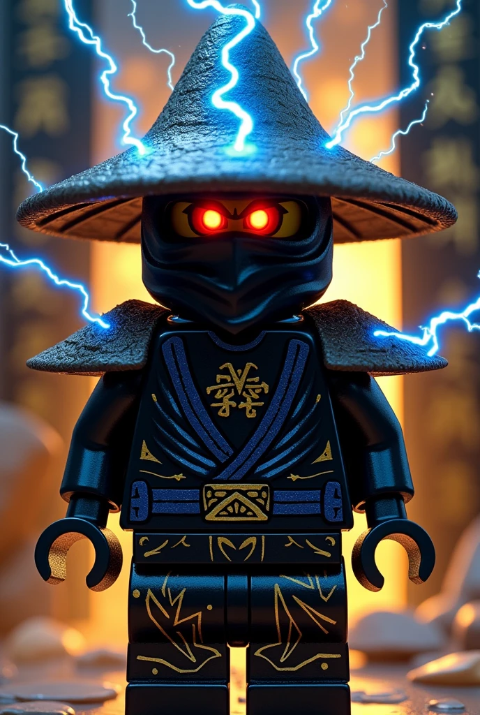 Créer moi un lego ninja go en lego le premier maitre du spijisufuturiste de la dernière puissance dimensionaire un ninja avec un chapeau de paille pointu en noir sur la tête noir et un masque de couleur noir profond, gris, bleu clair sur la tête et un petit bandeau en forme de rond noir profond autour de la bouche, avec une peau sombre noir et il faut des traces d’électricité jaune et bleu foncé dans le visage et un regard terrible de noirceur avec des yeux ridé en rouge fonce profond brillant avec une puissance incroyable avec comme puissance élémentaire l’électrique, l’énergie, la terre, le feu, la glace. Les habits du ninja doit être en noir anthracite, bleu nocturne et golden suprême et fer anthracite avec des reure en forme d’électricité bleu clair et jaune brillant et des écritures japonaises et le parchemin du spinjisu interdit ninjago en golden. Un ninja imbattable monstrueux beaucoup trop puissant qui contrôle tous les pouvoirs élémentaires. Le ninjadoit être destructeur et soif de victoire un gentil et mechant avec un sabre dans le dos