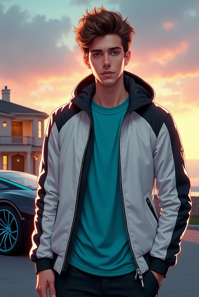 clearing, here is the description of the fitted cover:
---
**Description of the cover:**
A capa apresenta Calvin Space de King, an 1 young man, with brown hair and eyes. He is standing with a confident posture, wearing a white jacket with black details over a cyan t-shirt. Your smile is lovely and charming, reflecting her charm and cheerful personality. Ao fundo, a luxurious mansion stands out, representing Calvin's wealth, and a black Lamborghini with blue details, parked next to. The sky, with soft tones of a dawn, symbolizes a new beginning and adds a touch of mystery and opportunity.
Na parte inferior da capa, em letras elegantes, The title **"Calvin Space: Between Destinations and Conquests"** appears highlighted, while the name of the author, **Hamilton**, is positioned just below. The color palette combines sober and elegant tones, highlighted by the soft glow of the morning light, creating an atmosphere that captures the essence of the story and the protagonist.
--- This should give you a good idea for creating a visually appealing cover that is representative of the Calvin Space story..