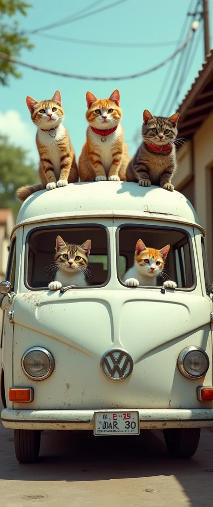 A white van with several cats