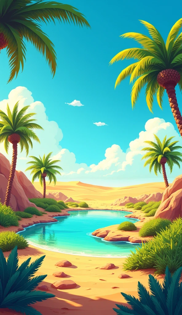 "Type of Image: Digital illustration. Subject Description: A vibrant landscape illustration of a desert oasis at midday. The scene features a small, crystal-clear pond surrounded by lush palm trees and desert vegetation, set against a backdrop of golden sand dunes stretching into the distance. The sky is a bright, clear blue with a few wispy clouds, and the sunlight bathes the entire scene in a warm, golden glow. The contrast between the lush greenery and the arid desert creates a visually striking and serene environment, emphasizing the oasis as a hidden gem in the harsh landscape. Art Styles: Desert Landscape, Digital Painting, Stylized. Art Inspirations: Concept art from desert-themed games, ArtStation, Environmental illustration. Camera: Wide shot, ground level view. Render: 4K resolution, high detail, vibrant colors, and strong lighting to create a captivating and serene depiction of the desert oasis."