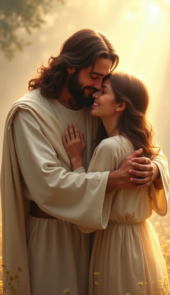 An image of Jesus smiling and hugging a young couple, a man and a woman, both young people, at most 20 years old. 