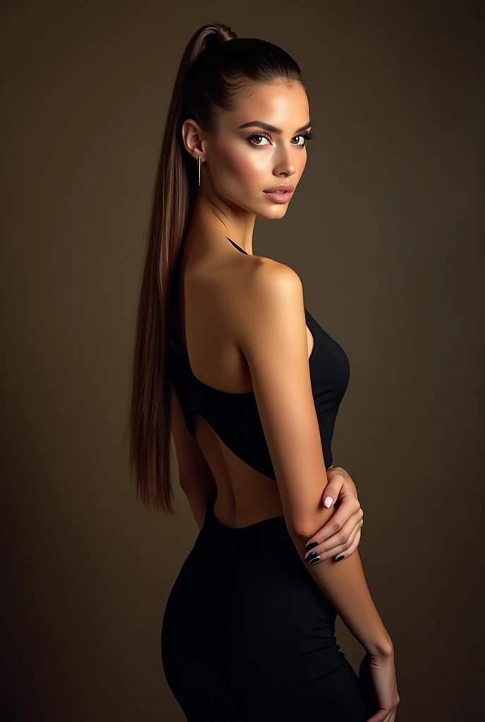 a very realistic and detailed photo of a beautiful french woman, tight black skirt, perfect makeup, long sleek straight ponytail brown hair, high quality, photorealistic, 8k, luxury, elegant, sophisticated, confident, studio lighting, cinematic, glowing skin, piercing eyes, full lips, sharp focus