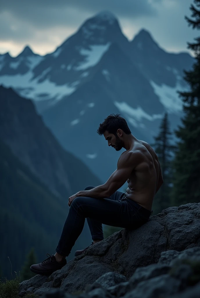 A man, fit body, overthinking, sitting in the dark mountain in nature ai art