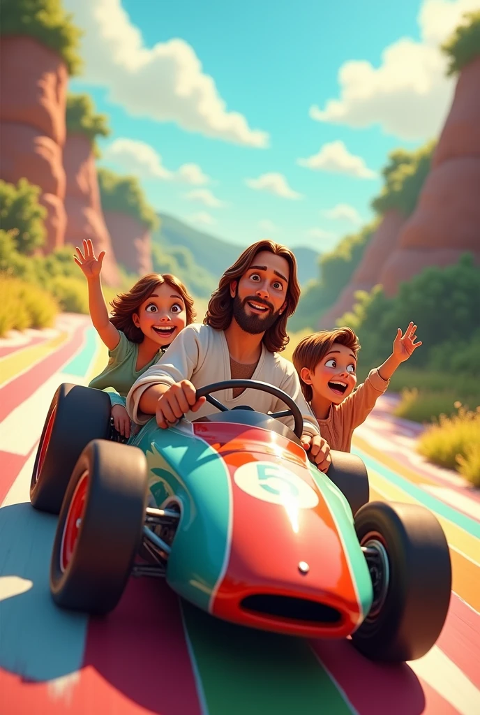A Disney Pixar style image with Jesus and 3 kids in a car on a race track. Jesus must be driving the car, the steering wheel must be clearly visible.