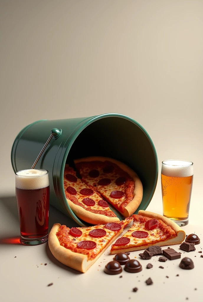 overturned bucket with two pieces of pizza, alcoholic beverages and chocolate inside