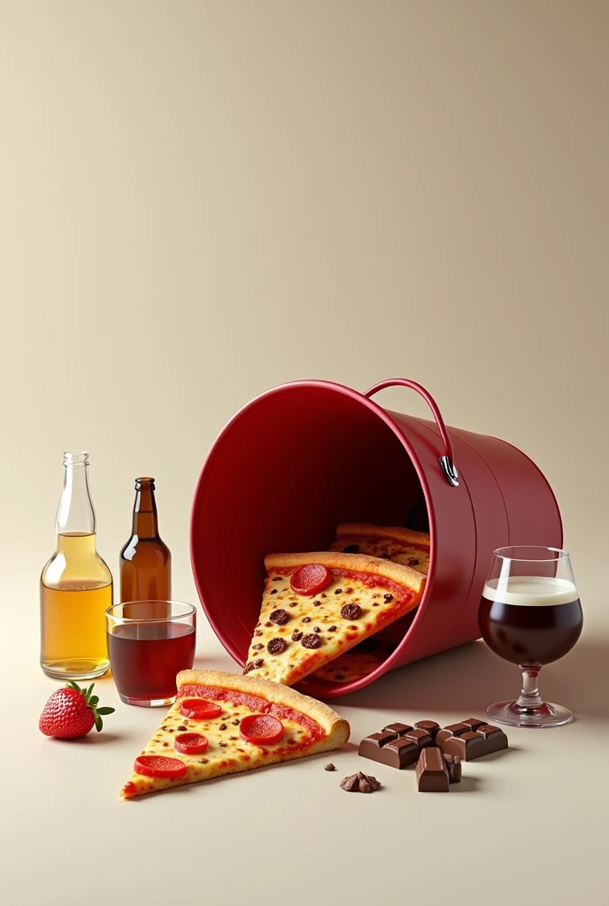 overturned bucket with two pieces of pizza, alcoholic beverages and chocolate inside