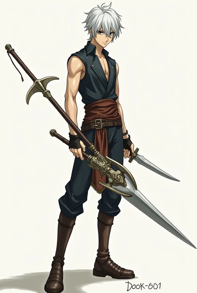 A tall male anime character, of thin physique, offwhite, with silver hair and black eyes, using a dagger in one hand and a stylish spear in the other, wearing simple leather armor