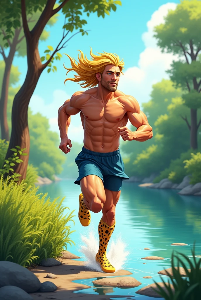 Beautiful guy, blond, tall, runner, with cheetah feets, outside, running close to a river, with a write saying "physiosurpattes" in the middle of the image, cartoon