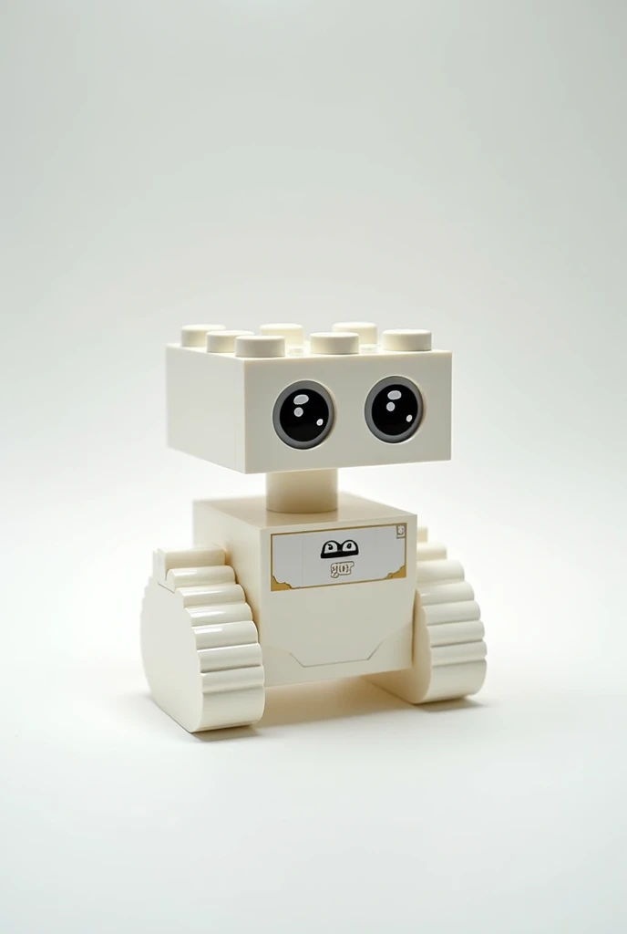 Build a WALL-E-style character with white LEGO bricks,And give it cute and interesting eyes。