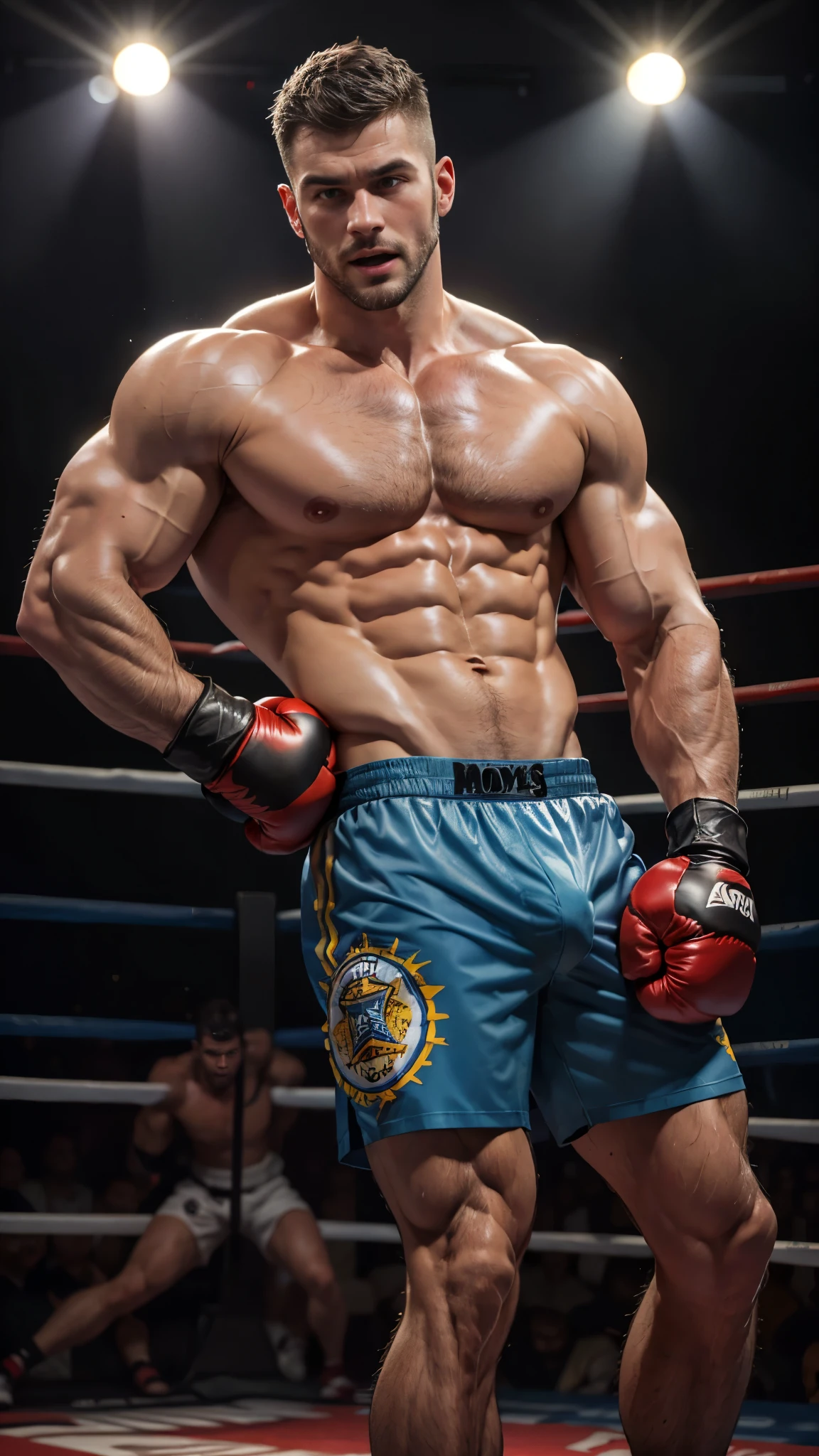 masterpiece, 一个Handsome man, Chest display, (Inspired by the street fighting universe) (best quality,lifelike),(dark,feels) Hole-punch camera！（Tyndall light effect！）（Cinema lighting）,3d! one person,detailed black eyes, smaller head！A tall French and German man poses in the boxing ring！Perfect red boxing gloves！punching for camera！, Wearing boxing match shorts。dark skin., （（Very much！））, （（Eyes full of ferocious expression！））Handsome male, Handsome chad chin, Handsome and attractive, Handsome and elegant, Handsome man, sexy masculine, masculine and Handsome, , Handsome, attractive pose, Attractive male, attractive man,40-year-old man！Lift your little head，Cominan in boxing shorts and red boxing gloves（closeup portrait！)）Showing off his hairy breasts。（Show hairy breasts），），(short beard），Wear boxer shorts！Show hairy breasts），)，(Using short beard，）headspace！Charming and serious look，（Handsome man，perfect body anatomy，Beautiful man face detail，perfect feet，perfect hands！frontal shot！！ best quality, high resolution, male focus, focus only, muscular, burly, hairy breasts, male, 一个Handsome man, mechanical, mechanical's outfit, bright light, amazing composition, Front view, human development report, Volumetric lighting, super quality, elegant, Very detailed