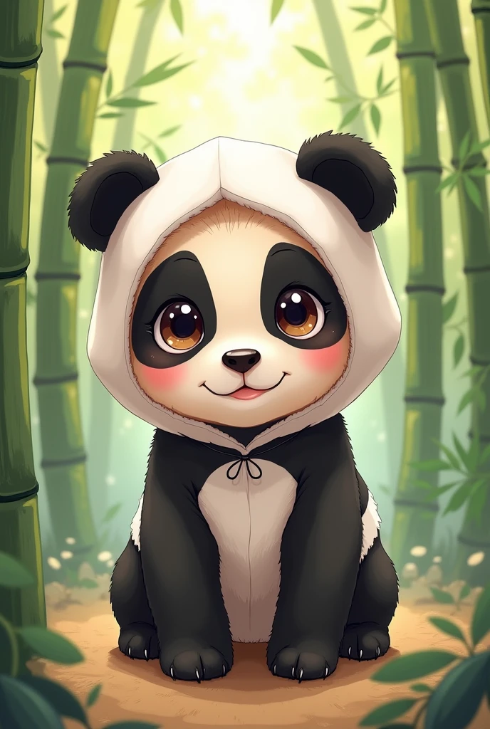 puppy　cute　Panda costume　Bamboo background　Illustrated style