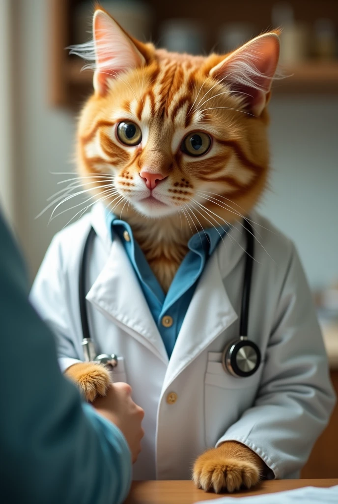 Cute close-up of an orange cat examining a patient., In the kitchen, complicated details, ((Doctor cat)) ,Two-legged standing,white shirt, Standing on two legs,Intention,Medical Gown,Cat in a doctor's outfit