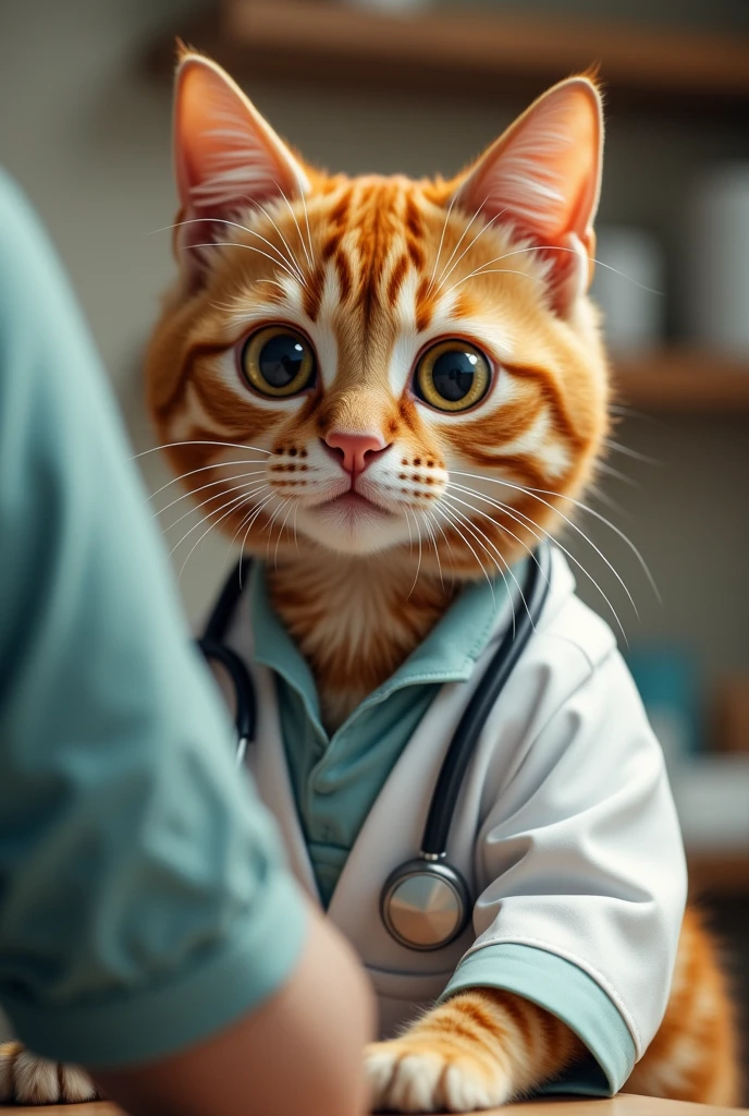 Cute close-up of an orange cat examining a patient., In the kitchen, complicated details, ((Doctor cat)) ,Two-legged standing,white shirt, Standing on two legs,Intention,Medical Gown,Cat in a doctor&#39;s outfit