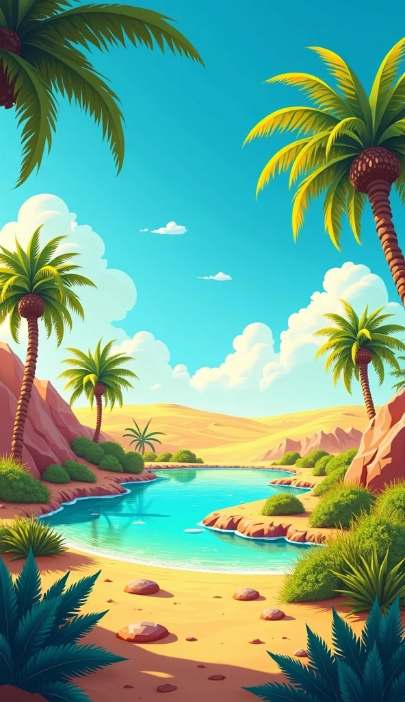 "Type of Image: Digital illustration. Subject Description: A vibrant landscape illustration of a desert oasis at midday. The scene features a small, crystal-clear pond surrounded by lush palm trees and desert vegetation, set against a backdrop of golden sand dunes stretching into the distance. The sky is a bright, clear blue with a few wispy clouds, and the sunlight bathes the entire scene in a warm, golden glow. The contrast between the lush greenery and the arid desert creates a visually striking and serene environment, emphasizing the oasis as a hidden gem in the harsh landscape. Art Styles: Desert Landscape, Digital Painting, Stylized. Art Inspirations: Concept art from desert-themed games, ArtStation, Environmental illustration. Camera: Wide shot, ground level view. Render: 4K resolution, high detail, vibrant colors, and strong lighting to create a captivating and serene depiction of the desert oasis."