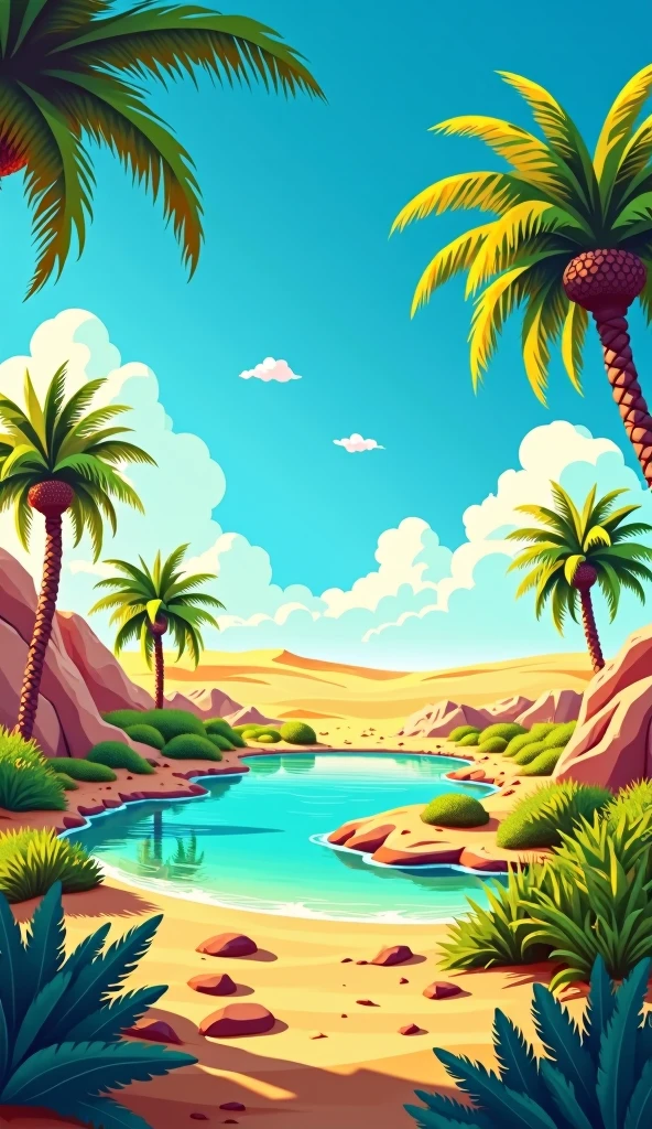 "Type of Image: Digital illustration. Subject Description: A vibrant landscape illustration of a desert oasis at midday. The scene features a small, crystal-clear pond surrounded by lush palm trees and desert vegetation, set against a backdrop of golden sand dunes stretching into the distance. The sky is a bright, clear blue with a few wispy clouds, and the sunlight bathes the entire scene in a warm, golden glow. The contrast between the lush greenery and the arid desert creates a visually striking and serene environment, emphasizing the oasis as a hidden gem in the harsh landscape. Art Styles: Desert Landscape, Digital Painting, Stylized. Art Inspirations: Concept art from desert-themed games, ArtStation, Environmental illustration. Camera: Wide shot, ground level view. Render: 4K resolution, high detail, vibrant colors, and strong lighting to create a captivating and serene depiction of the desert oasis."