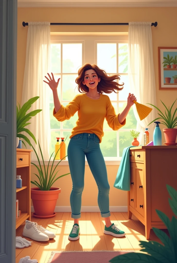 woman cleaning waving animatedly