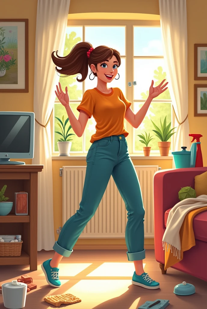 woman cleaning waving animatedly