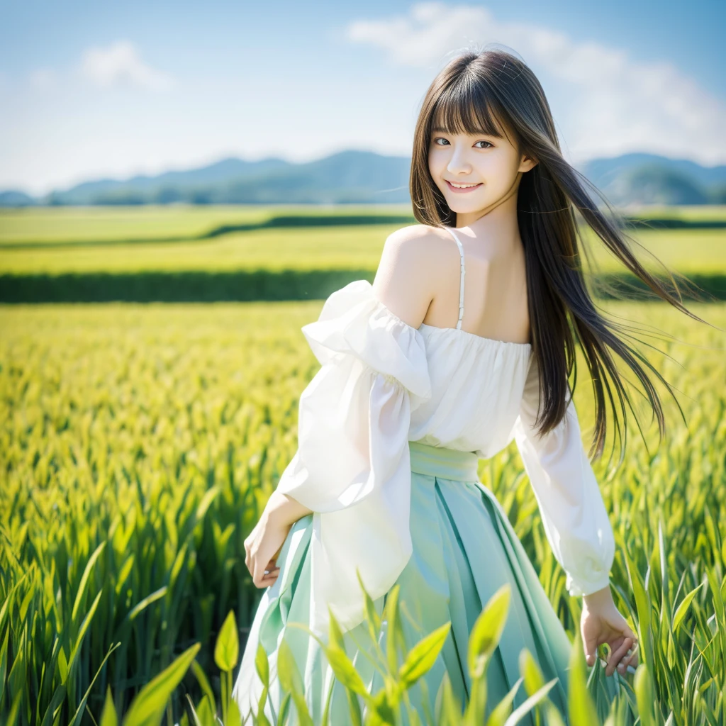 masterpiece, best quality, Ultra-high resolution, detailed illustration, portrait, detailed, 1 girl standing in a wheat field, Solitary, Long hair, skirt, flower, White Hanfu, Smile, whole body, white flower, Bare shoulders, very Long hair, Light green hair, Shut up, For the audience, Bangs,standing, blurred background,
