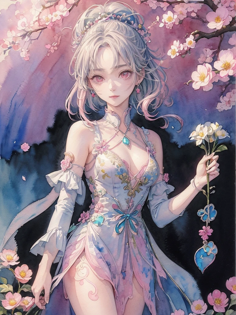 Best Photos、An illustration、detailed、(Watercolor:1.4)、(Hand-drawn:1.2)、(Watercolor brush bristles)、 masterpiece: 1.7, Highest quality、solo、Show me your back、Picturesque、sketch、Paper Texture、Ultra-high resolution、extra detailedd face、Highly detailedd eyes、Flat Color、Limited palette、High Contrast、Realisticな、Best lighting、goddess、elegant、Leprechaun、Mature Woman、Beautiful woman、Jewel Eyes、Gray Hair、Straight hair、Blue Gem、Smile a little、Blanche:1.5、(Tangleた、And Mandalas、Tangle、Intertwined:1)、Background Flowers、Lots of flowers、(((Stickers))), Exquisite detail, Highest qualityの8K解像度, 非常にdetailedな, Realistic, Vibrant colors, Soft tones, Warm and gentle lighting, (Beautiful Gothic Black Dress, Cute pink ribbon, Beautiful frills:1.2),(Sleek and straight pink hair:1.2),(Hair parted in the middle:1.2),(Shiny Hair),(Pink Eyes:1.3),Garden Girl,With overflowing softness and kindness,Visible and tangible emotions,(The promenade is full of flowers:1.3), Create colorful reflections.The sun shines with joy and pure love, Casts a warm golden glow on the girl's face,Freed from the troubles of this world. The atmosphere is full of happiness and laughter, It's like heaven、As if celebrating love,デジタルAn illustrationと写真を組み合わせて作成する, 超高精細な描写とVibrant colorsにこだわる. A style that combines romanticism and realism、You can feel the depth of love. The color palette consists of soft pastel tones., Creates a dreamy and fantastical atmosphere. The lighting is soft and diffuse, Put a gentle light on your face,この作品はmasterpieceだ,