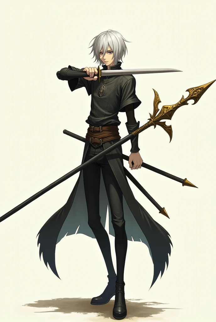 A tall male anime character, of thin physique, offwhite, with silver hair and black eyes, using a dagger in one hand and a stylish spear in the other, wearing simple leather armor