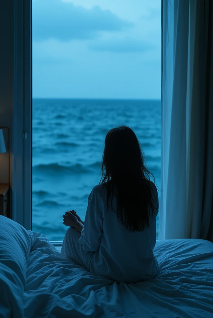 woman sitting on bed with her back looking at the blue sad sea