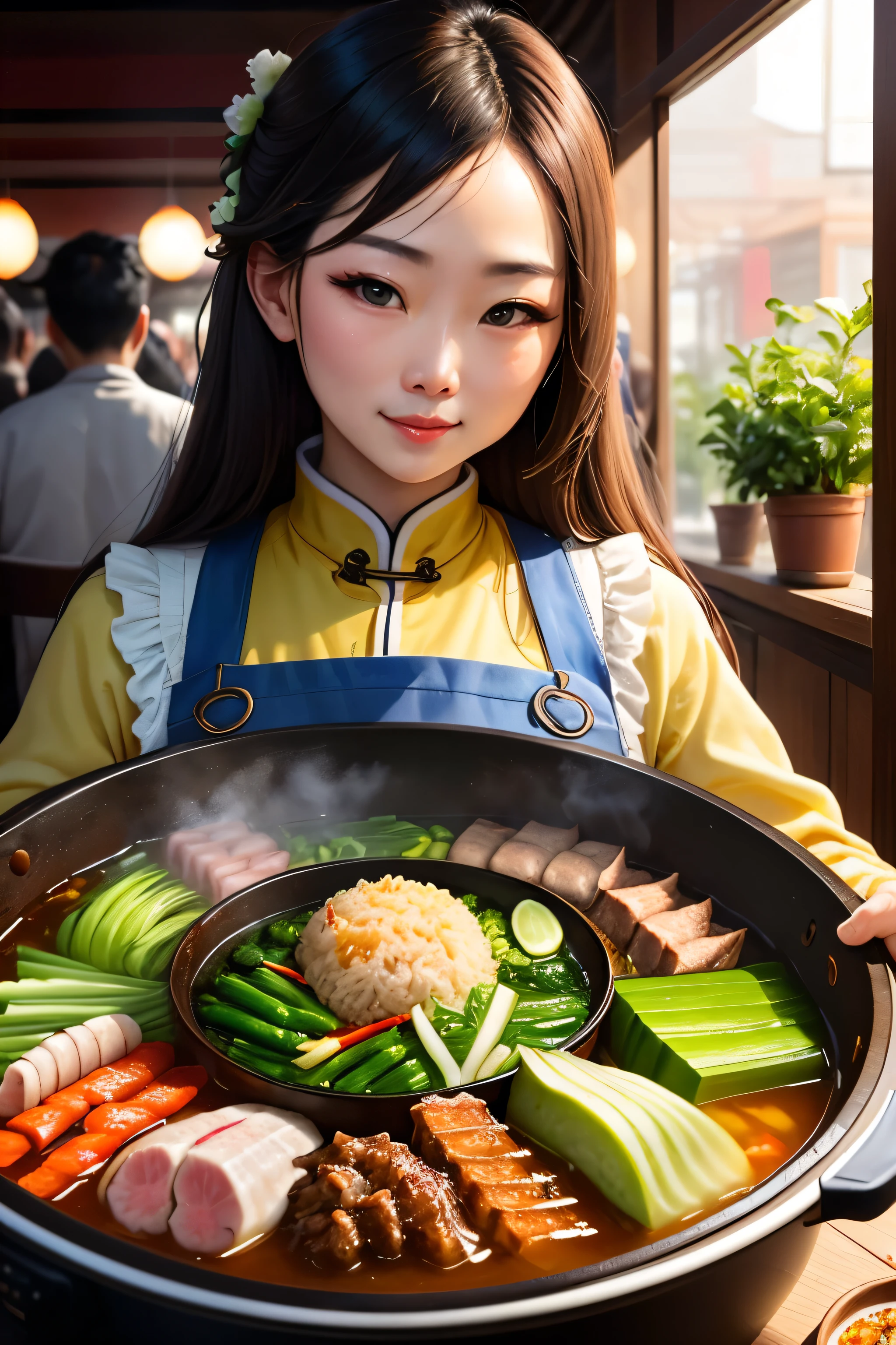 detailed,A beautiful woman has a Chinese hot pot in front of her,fat cattle,lamb leg,green vegetables,There are many delicacies on the table