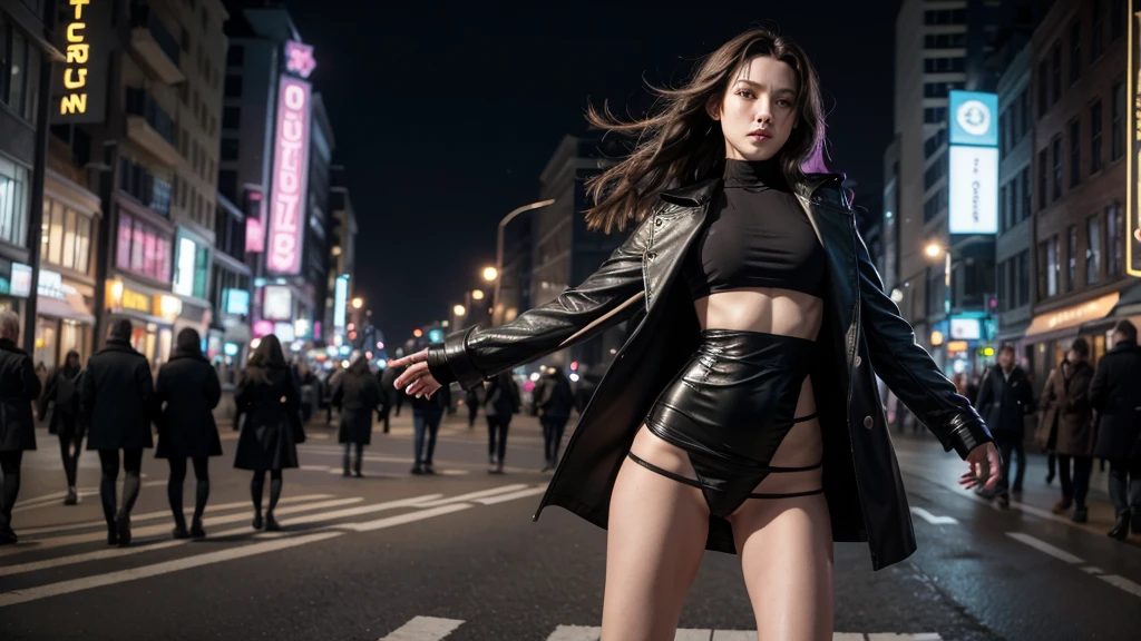Trinity from Matrix walking down the street wearing a black overcoat and a very short mini skirt lifting with the wind blowing showing a bit of her pink thong under her skirt