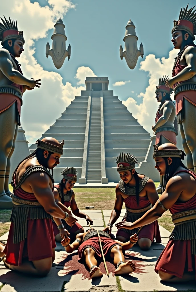 Create a human sacrifice made by 4 Mayans taking out the guts of an Aztec on the stone altar in the background 3 pyramids and on top of them 4 spaceships with statues of their gods to the right and statues of demons to the left
