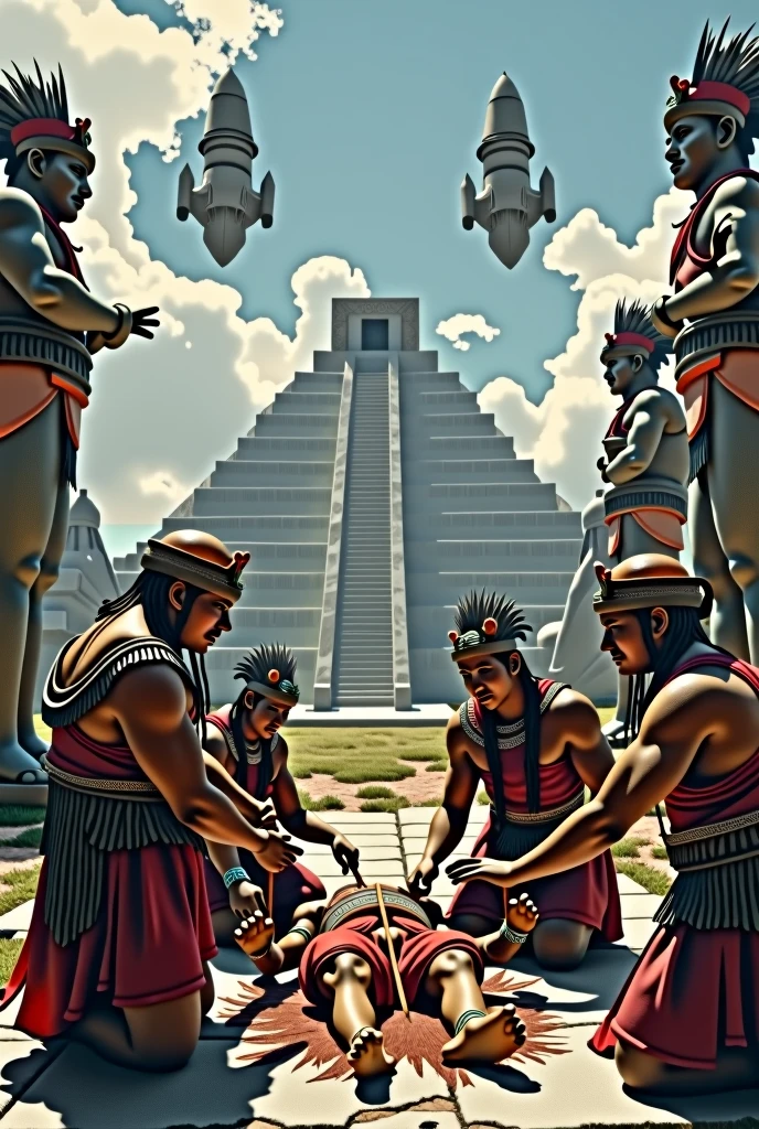 Create a human sacrifice made by 4 Mayans taking out the guts of an Aztec on the stone altar in the background 3 pyramids and on top of them 4 spaceships with statues of their gods to the right and statues of demons to the left