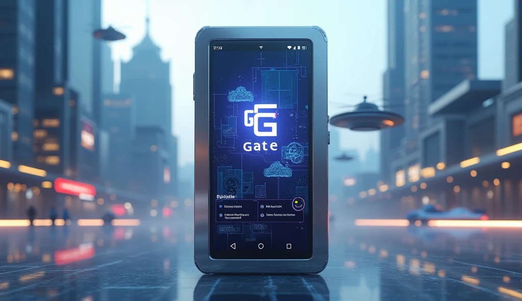 Gere uma imagem hiper realista de smartphone em um cenarthis futurista com a logo e imagem do aplicativo da gate.this