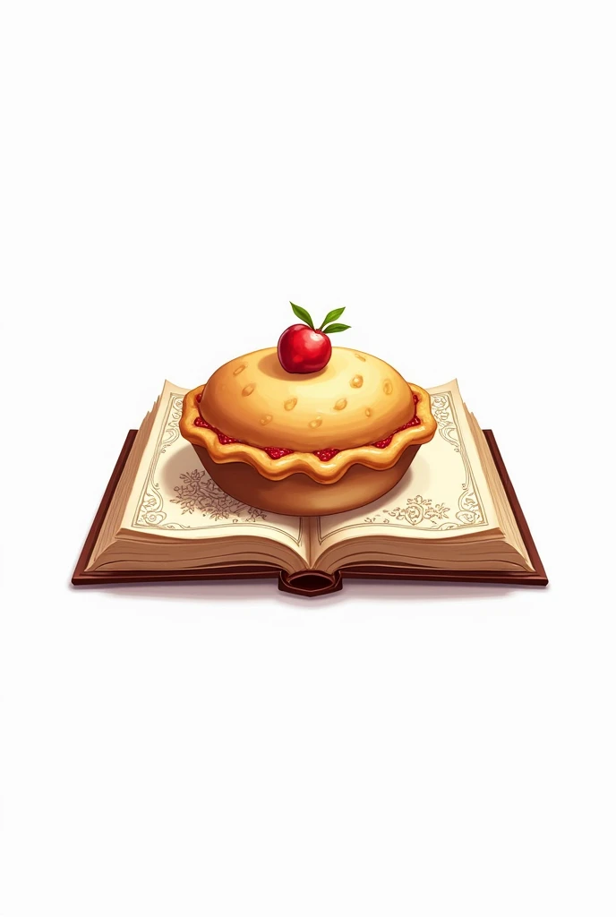 logo representing an open book with plate ornaments on the pages with a pie on top all on a white background