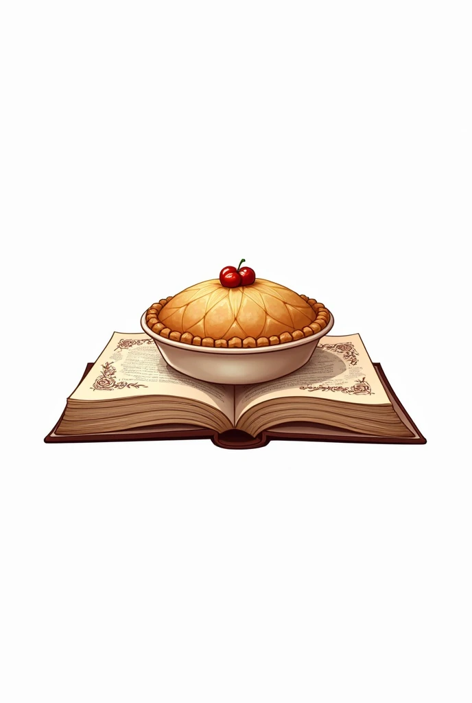 logo representing an open book with plate ornaments on the pages with a pie on top all on a white background