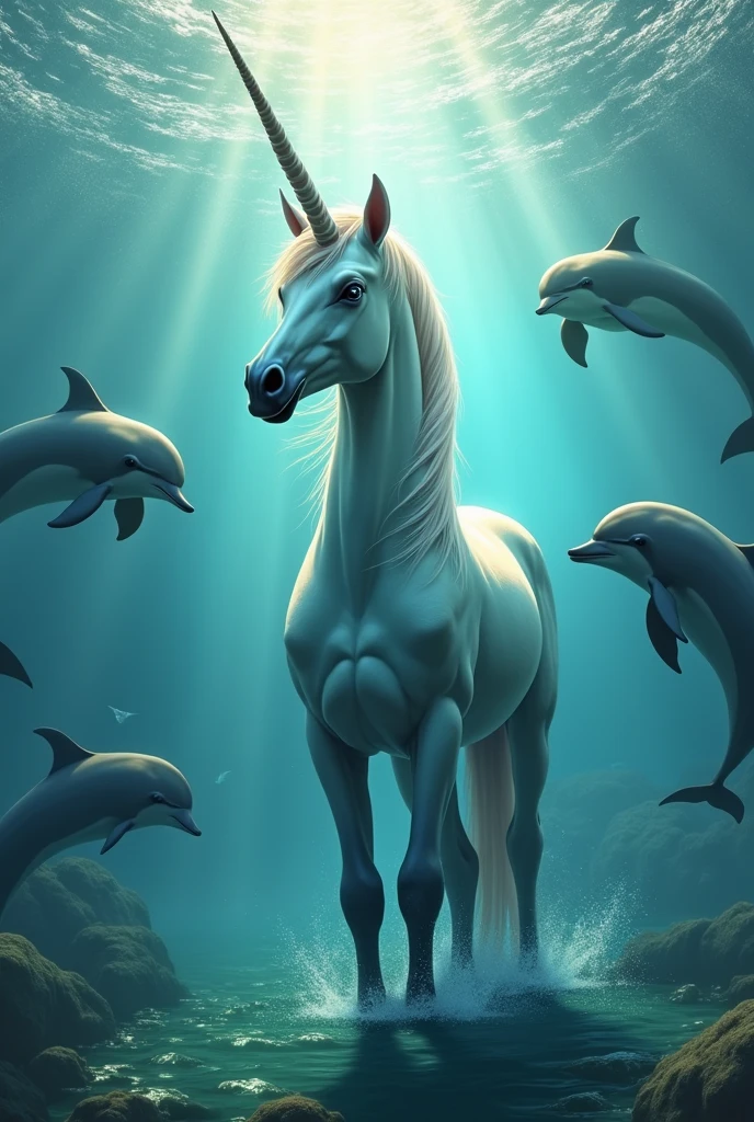 Create a unicorn In the water with dolphins 
