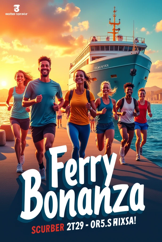Create a poster with the details. FERRY BONANZA as the heading, 08.9.2024 with men an woman jogging