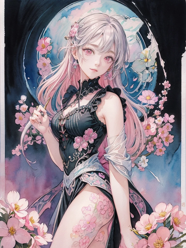Best Photos、An illustration、detailed、(Watercolor:1.4)、(Hand-drawn:1.2)、(Watercolor brush bristles)、 masterpiece: 1.7, Highest quality、solo、Show me your back、Picturesque、sketch、Paper Texture、Ultra-high resolution、extra detailedd face、Highly detailedd eyes、Flat Color、Limited palette、High Contrast、Realisticな、Best lighting、goddess、elegant、Leprechaun、Mature Woman、Beautiful woman、Jewel Eyes、Gray Hair、Straight hair、Blue Gem、Smile a little、Blanche:1.5、(Tangleた、And Mandalas、Tangle、Intertwined:1)、Background Flowers、Lots of flowers、(((Stickers))), Exquisite detail, Highest qualityの8K解像度, 非常にdetailedな, Realistic, Vibrant colors, Soft tones, Warm and gentle lighting, (Beautiful Gothic Black Dress, Cute pink ribbon, Beautiful frills:1.2),(Sleek and straight pink hair:1.2),(Hair parted in the middle:1.2),(Shiny Hair),(Pink Eyes:1.3),Garden Girl,With overflowing softness and kindness,Visible and tangible emotions,(The promenade is full of flowers:1.3), Create colorful reflections.The sun shines with joy and pure love, Casts a warm golden glow on the girl's face,Freed from the troubles of this world. The atmosphere is full of happiness and laughter, It's like heaven、As if celebrating love,デジタルAn illustrationと写真を組み合わせて作成する, 超高精細な描写とVibrant colorsにこだわる. A style that combines romanticism and realism、You can feel the depth of love. The color palette consists of soft pastel tones., Creates a dreamy and fantastical atmosphere. The lighting is soft and diffuse, Put a gentle light on your face,この作品はmasterpieceだ,