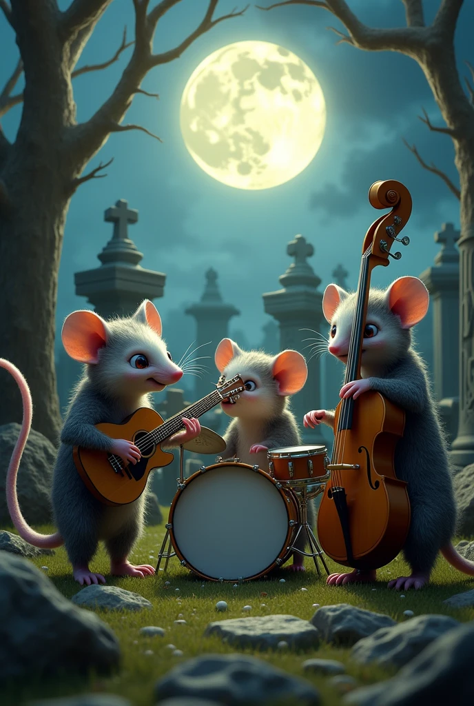 3 possums in the cemetery, one playing the guitar, the other the drums and the one left over the bass