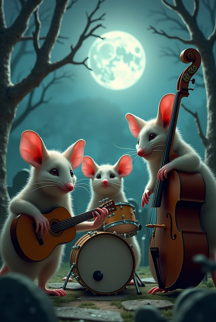 3 possums in the cemetery, one playing the guitar, the other the drums and the one left over the bass