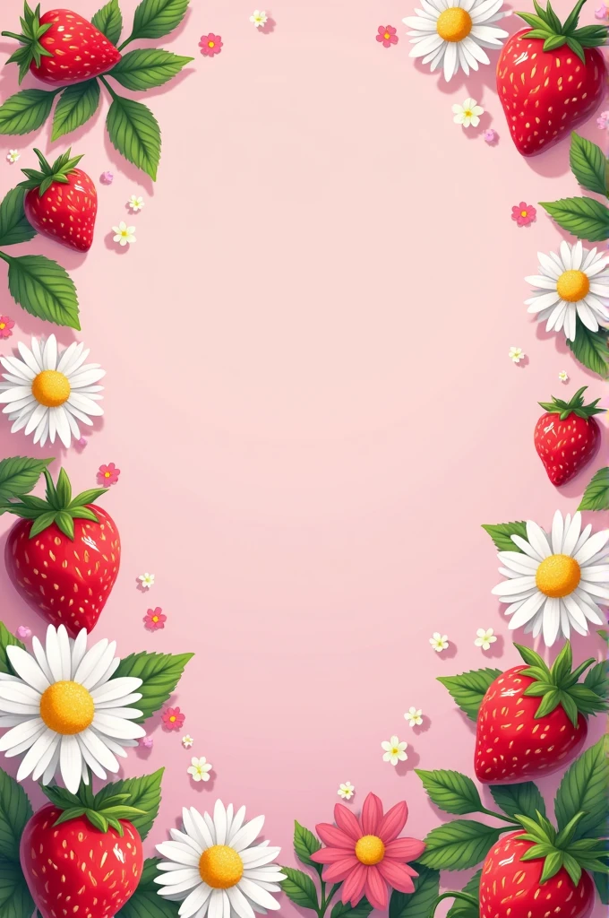 Pink background anime with strawberries, strawberry leaves and daisies