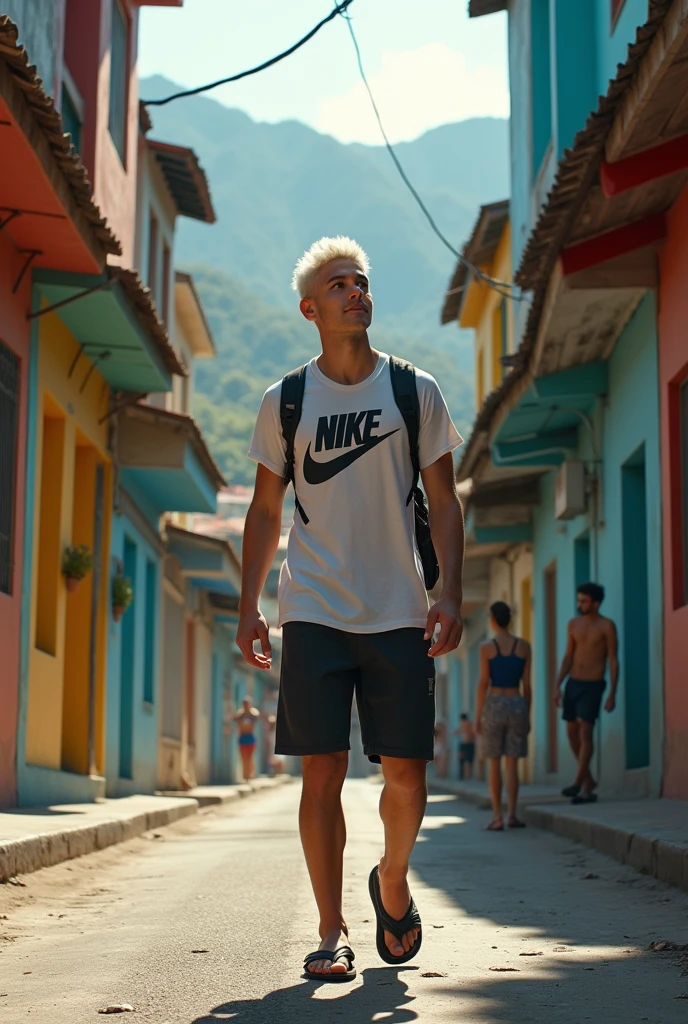 Make one in a Nike shirt and shorts and with black flip-flops in the favela of Rio de Janeiro , and makes him with short hair and dyed white 