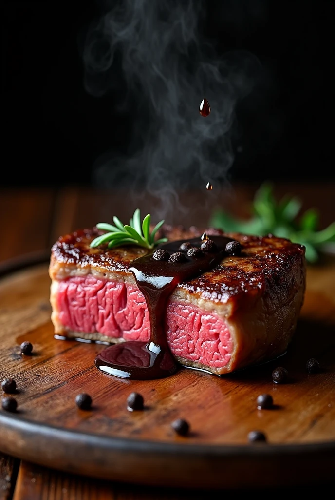 Steak recipe realistic clean image of food, Hot transmission, black pepper sauce on top of the steak and dripping down the side of the steak, on a rustic wooden floor, placed on a dark background, medium contrast