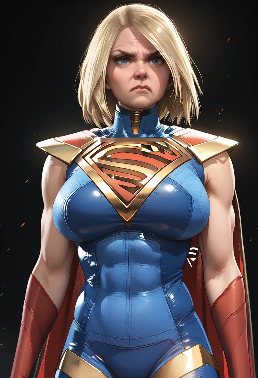 female, ((muscular)), ((massive breasts)), ((superhero)), ((supergirl)), ((cape)), ((serious look))