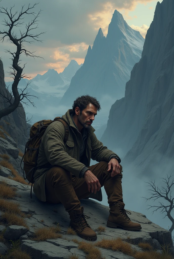 A man overthinking, sitting in the dark mountain in nature ai art
