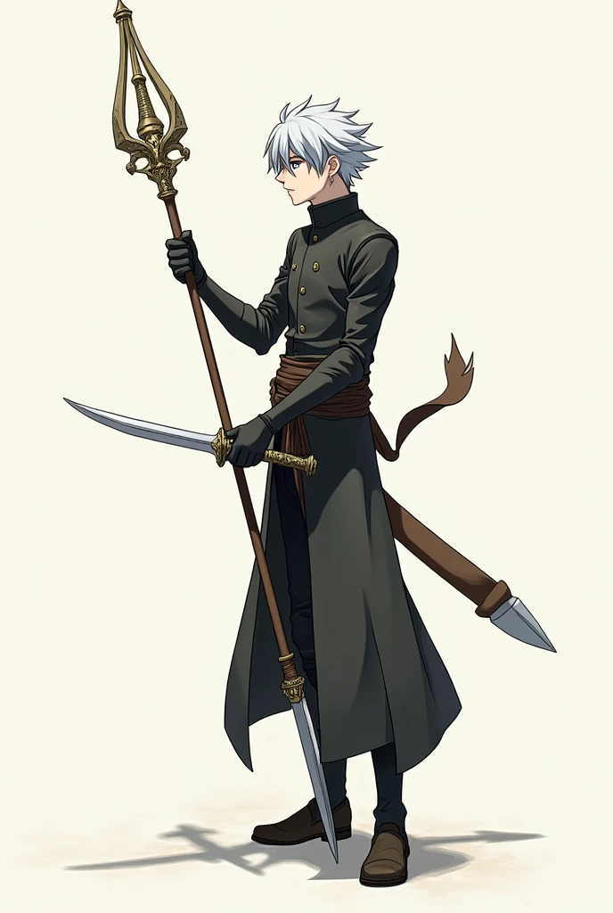 A tall male anime character, of thin physique, offwhite, with silver hair and black eyes, using a dagger in one hand and a stylish spear in the other, wearing simple leather armor