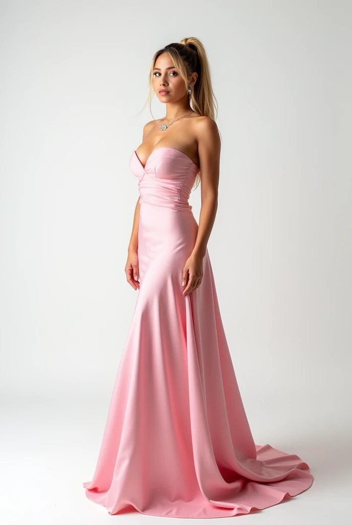 Ariana 2020, posing on a white background, wearing a very elegant and long pink dress, ponytail, blonde hair with brown roots, blonde bangs, full body 