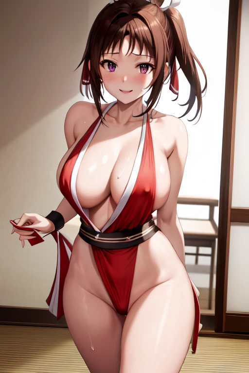 masterpiece, best quality, beautiful art, high resolution, well formed hands, body and fingers, 1 woman, solo, Ui Wakana, red makeup, red lipstick,adult, grown up,  cosplaying as Mai Shiranui , mai_shiranui_cosplay, adult, large and big breasted, cleavage, full body , hair ribbon, gorgeous legs and, thighs, sexy Japanese clothes, hair ornament , sexy and bare legs , hips and thighs, panties peek, dancing seductively and erotically, turning backwards and forwards, showing her back and front, shaking her body alluringly, red t back thong, smiling joyfully, sweating ,looking at the viewer, bouncing breasts, sweating, flirting, biting her lips, beach environment 