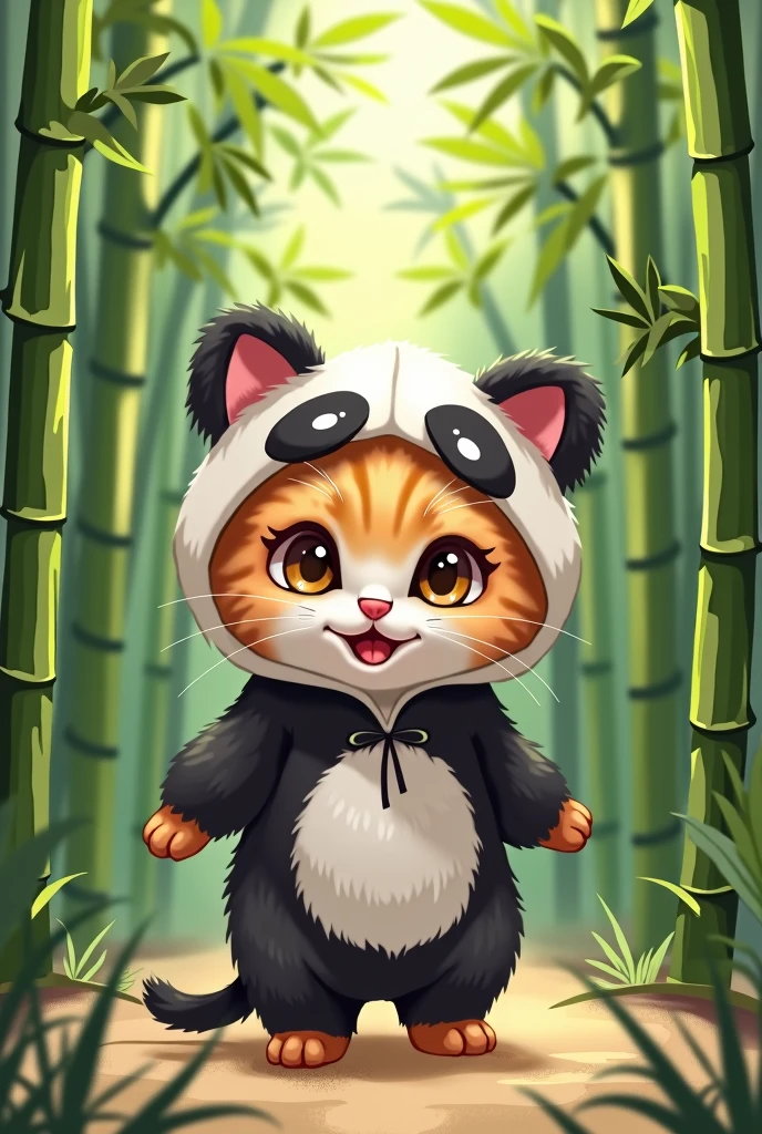 kitten　cute　Panda costume　Bamboo background　Illustrated style