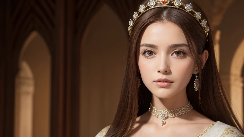 beautiful face, Queen of Medieval Spain, brown hair,