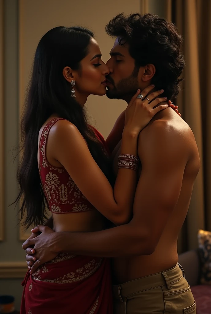 An indian hot girl kissing her husband wearing leggings and kurti in indian hotel hot