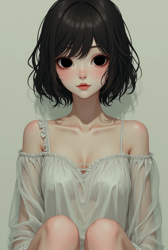 A shy anime girl with short, shoulder-length dark brown hair, completely black empty sockets, rosy cheeks and natural red lips, a broken white dress that leaves her thighs exposed a little, pale skin